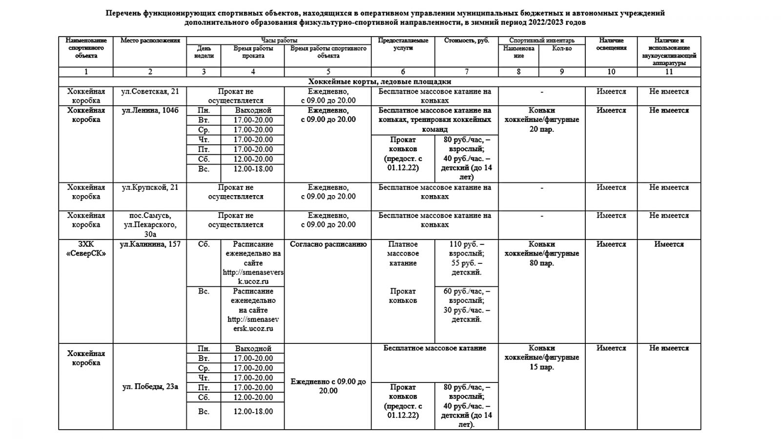 Работа объектов физкультурно-спортивной направленности в зимний период  2022/2023 годов | Администрация ЗАТО Северск